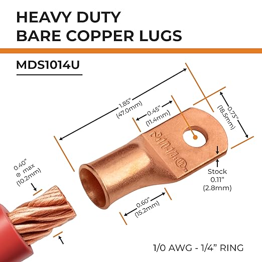 SELTERM 2pcs 1/0 AWG 1/4" Stud Copper Wire Lugs, Battery Lugs, Ring Terminals, Battery Cable Ends, 0 Gauge Ring Terminal Connectors, UL Heavy Duty Bare Copper Eyelets Battery Terminal Connectors