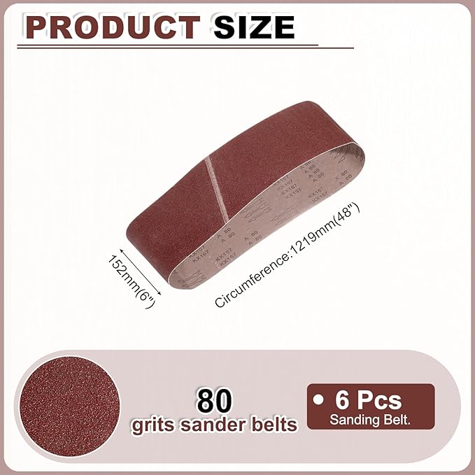 HARFINGTON 6 x 48 Inch Sanding Belts, 3 Pcs 80 Grits Aluminum Oxide Abrasive Belt Sander File Belt for Woodworking, Metal Polishing, Knife Sharpener