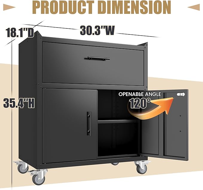 Metal Storage Cabinet, Locking Storage Cabinet with Drawer and Adjustable Shelf, Rolling Tool Cabinets for Garage, Office, Black, Assembly Required (18.4" D x 30.3" W x 35.39" H)