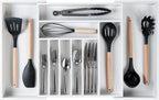 Premium Silverware, Flatware and Utensil Organizer for Kitchen Drawers, Food-Safe Contract Grade, Expandable from 16 to 28 In, White Bamboo