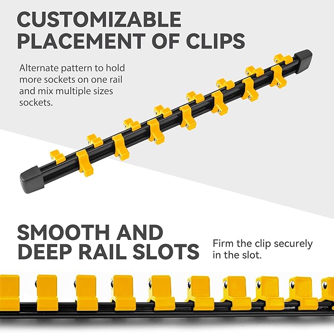 ALOANES 9 PC ABS Socket Organizer, 1/2 inch, 3/8 inch and 1/4 inch Drive Socket Rail Holders, Heavy Duty Socket Racks, Black Rails with Yellow Clips