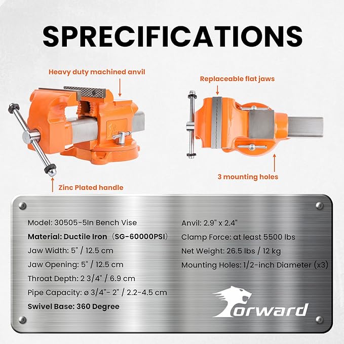 Forward Bench Vise 5 Inch Ductile Iron Bench Vice with 360 Degree Swivel Base and Channel Steel Guide Bar 30505 (5")