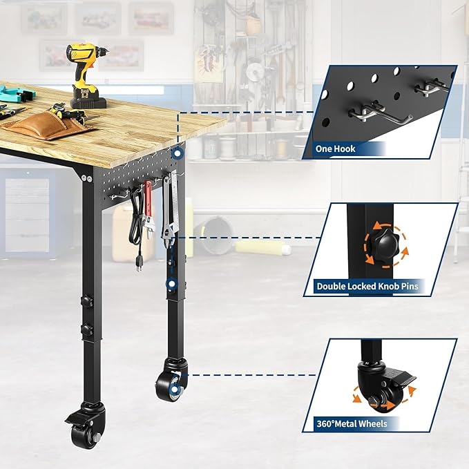 Adjustable Heavy Duty Wood Top Tool Bench Work Bench, 60'' Workbench with Power Outlet, 2000 Lbs Load Capacity Rolling Work Table with Wheels for Home Office Workshop Garage