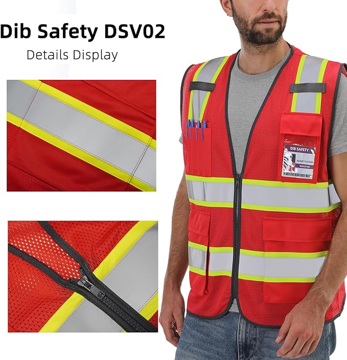 Dib Safety Reflective Mesh Vest High Visibility Two Tone with Pockets and Zipper, Red Mesh with Yellow Trim XL