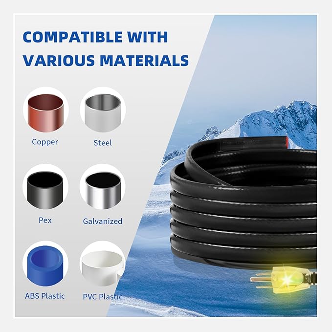 30FT Heat Cable for Water Pipes, Prevent Freezing & Easy Installation, Water Pipe Heat Cable With Thermostat Self-Regulating, Pipe Heating Trace System 120 V