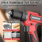 PULITUO Cordless Drill Set, 20V Electric Power Drill with Battery And Charger, 30N.m and 21+1 Torque, 2 Variable Speeds, with 59pcs Drill Driver Bits Kit, Screws Set，(Red)