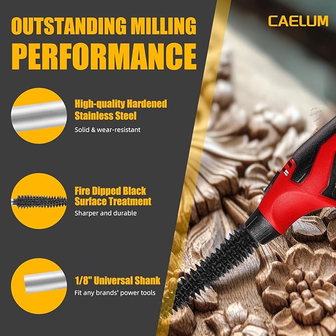 CAELUM 1 Pcs Small Taper Rotary Burr Kit, 1/8" Shaft, Very Coarse - Woodworking Attachment for Dremel, Foredom, DeWalt, Milwaukee Tools, Carving Burrs for Carving Engraving in Wood, Rubber, Plastic