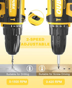 OUBA Cordless Drill Set, 12.8V Lithium Lon Power Drill Cordless with Battery and Charger, 2 Variable Speeds, 3/8" Keyless Chuck, 25+3 Torque Setting, Built-In LED, Electric Drills for Home (Yellow)