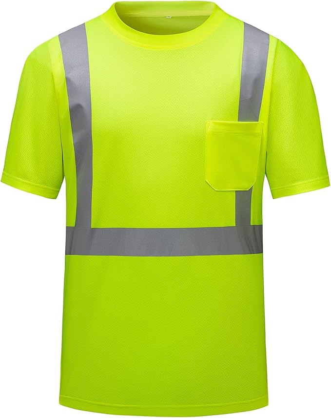 High Visibility Shirts Quick Dry Safety T Shirts with Reflective Strips and Pocket Short Sleeve Mesh Hi Vis Construction Work Class 2 Shirt for Men/Women Lime,Medium