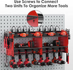 CCCEI Modular Power Tool Organizer Wall Mount Charging Station, Red 6 Drills Holder with 8 Plug Power Strip, Garage Drill Battery Heavy Duty Metal Shelf, Utility Rack with Hooks, Side Storage.