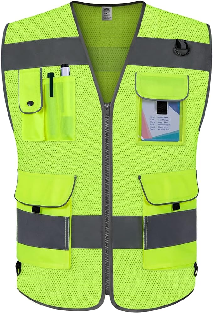 TCCFCCT Mesh High Visibility Vest 9 Pockets Reflective Safety Vest for Men Women, Hi Vis Construction Vest with Reflective Strips, For Workers, Surveyors, Meet ANSI/ISEA Standards, (Yellow, X-Large)