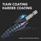 Upgrade M35 Cobalt Step Drill Bit with Ultra TiAIN Coating, 1/4"-3/4" Unibit Step Bit with Double Sprial Flute, 1/4" Hex Shank Drill Bit for Metal, Stainless Steel, Aluminum, Copper, Wood