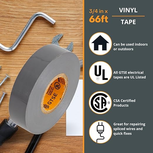 GTSE Gray Electrical Tape, 120 Rolls Bulk Box – Waterproof, Industrial Grade Vinyl, 3/4 in x 66ft– Strong Self-Adhesive Grey PVC Electric Tape for Wire Insulation, 7 Mil, 600V – UL/CSA Listed