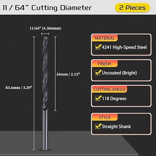 Drill Bit, 11/64" Cutting Diameter, 4241 HSS Nitriding Black 118° Cutting Angle Versatile Jobber Bits - (Applications: for Drilling Plastic Wood Soft Metal), 2-Pieces