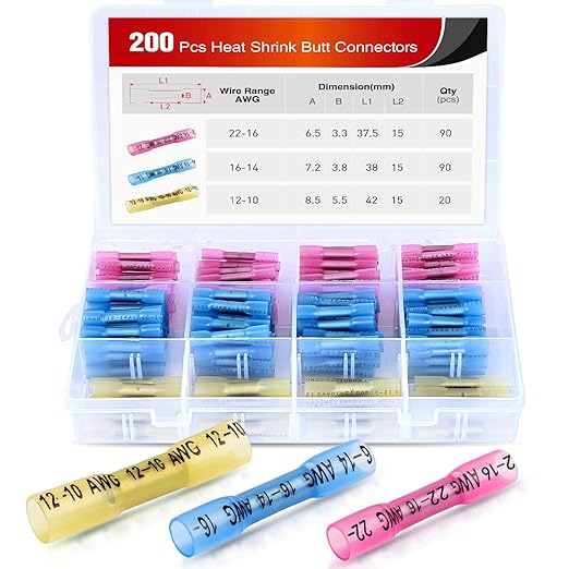 Nilight 200PCS Heat Shrink Butt Connectors – Waterproof Wire Connectors - Automotive Marine Grade Electrical Terminals – Crimp Butt Splice Terminal Kit