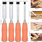 GREBSTK 4 Pcs Wood Chisel Set, CRV Steel Bevel Sharp Edge Bench Chisels with Metal Striking Cap, for Woodworking and DIY Projects, 8"x(1/4", 1/2", 3/4", 1")