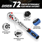 DISEN 3/8" Drive Extendable Ratchet,72-Tooth Flex-Head Ratchet Wrench with Quick Release Locking，Soft-Grip with Reversible Switch,Full-Polished Chrome Plating