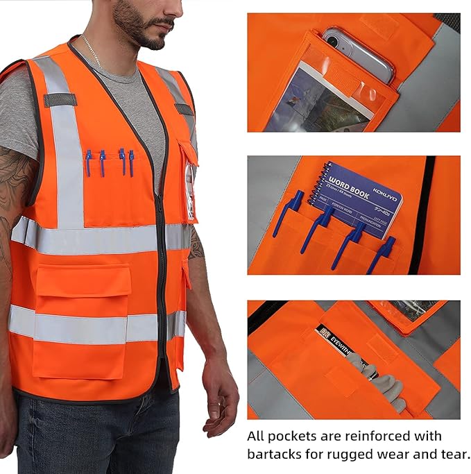 Dib Safety Vest Reflective ANSI Class 2, High Visibility Vest with Pockets and Zipper, Construction Work Vest Hi Vis Orange 2XL