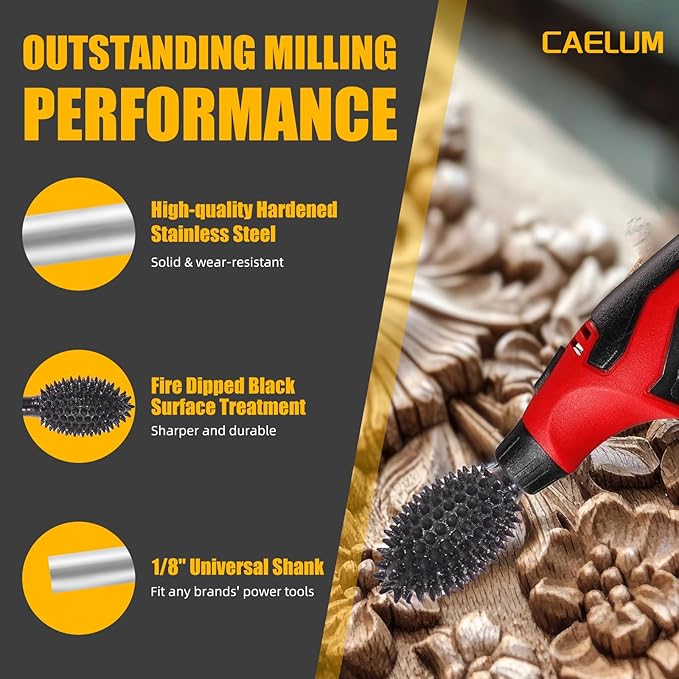 CAELUM 1 Pcs Flame Rotary Burr Kit, 1/8" Shaft, Very Coarse - Woodworking Attachment for Dremel, Foredom, DeWalt, Milwaukee Tools, Carving Burrs for Carving Engraving in Wood, Rubber, Plastic