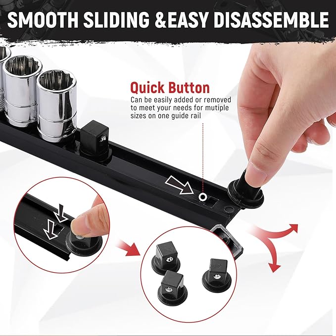Magnetic Socket Organizer, 1-Piece Heavty Duty ABS Socket Holder, Socket Rail for Tool Box, Premium Quality 360° Swivel Socket Rack with 14 Clips for 1/4-Inch(Black)