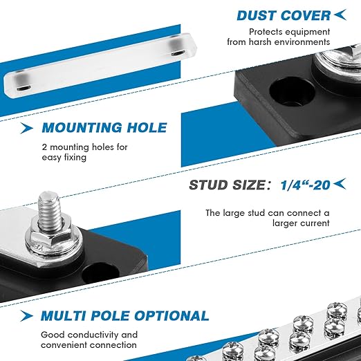 GLOSO Common Bus Bar 3/8” Power Distribution Block Marine Busbar Battery Terminal Distribution Block 150 Amp Rating 4P