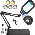 10X Rectangle Magnifying Glass with Light and Stand, Real Glass Lighted Magnifier Hands Free, Mechanical Knob 5 Color Modes Stepless Dimmable, 2-in-1 LED Desk Lamp with Clamp for Close Work, Reading