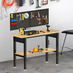Adjustable Height Work Bench 48×24 Workbench for Garage with Under Table Shelf Heavy Duty Rubber Wood Work Table for Shop Woodworking, Office, Home, Commercial