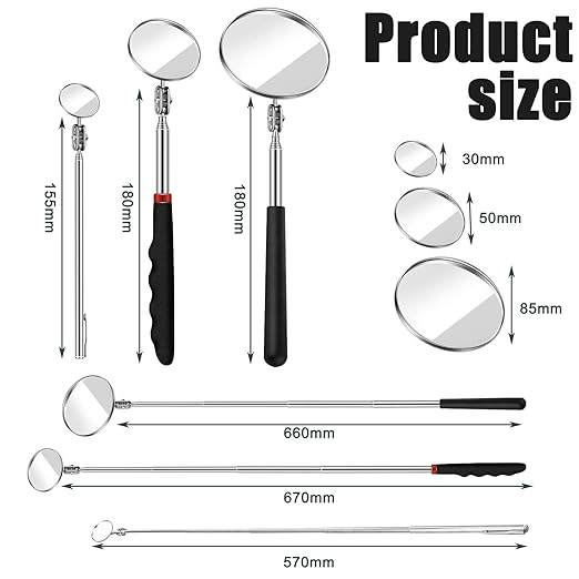 3 Pieces Telescoping Inspection Mirror Inspection Tool for Check the Condition of Vehicle, Observe the Eyelashes, Mouth and Other Small Parts(Round,3 Kinds of Size)