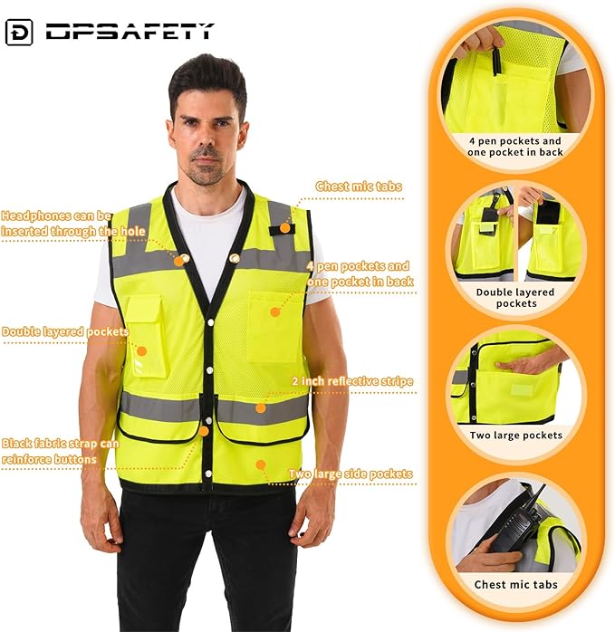 Reflective Safety vest With back plan pocket,High visibility Class 2 Heavy Duty Surveyor Vest,Hi Vis Vest ANSI/ISEA Standard, Construction Work Vest for Men＆Women(Lime-Button,4XL)