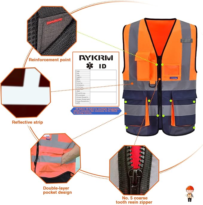 A-SAFETY High visibility vest,Reflective Safety Vest Workwear 7 Pockets Hi Vis Durable Vest with Reflective Tapes 4 Lower Pockets,Orange&Navy XXL