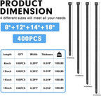 Zip Ties Assorted Sizes, RAZCC 400 Pack (8+12+14+18Inch) Black Cable Ties, Self-Locking Plastic Wire Ties with 100lb Tensile Strength, Black Nylon Zip Ties for Indoor and Outdoor