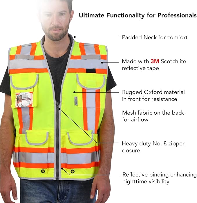 Dib Safety Reflective Vest Heavy Duty, High Visibility Two Tone Engineer Vest, Made with 3M Tape, Padded Collar, Retractable ID Pocket, Yellow M