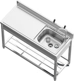 Free Standing Stainless-Steel Single Bowl, Commercial Restaurant Kitchen Sink Set w/Faucet & Drainboard, Prep & Utility Washing Hand Basin w/Workbench & Storage Shelves Indoor Outdoor (47in)