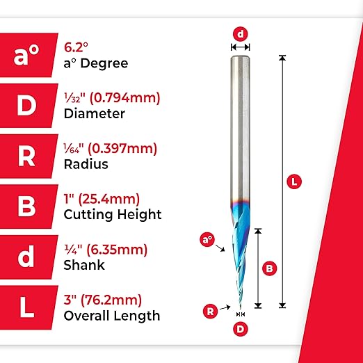 Amana Tool Carbide Up Cut Spiral CNC Router Bits for 2D/3D Carving, 46280-K, 6.2 Deg Tapered Angle Ball Tip x 1/32 D x 1/64 R x 1 x 1/4 Shank 3 Flute