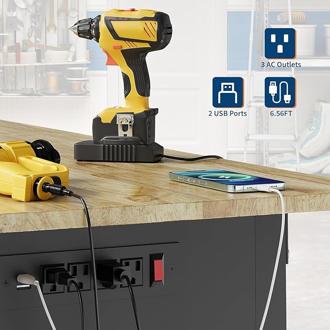 Adjustable Heavy Duty Wood Top Tool Bench Work Bench, 60'' Workbench with Power Outlet, 2000 Lbs Load Capacity Rolling Work Table with Wheels for Home Office Workshop Garage
