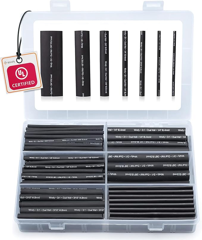 Wirefy Heat Shrink Tubing Kit 180 PCS - 3:1 Ratio Adhesive Lined, Wire Shrink Wrap Tubing - Industrial Heat-Shrink Tubing - Black - Shrink Wrap Tubing | Trusted UL Certification