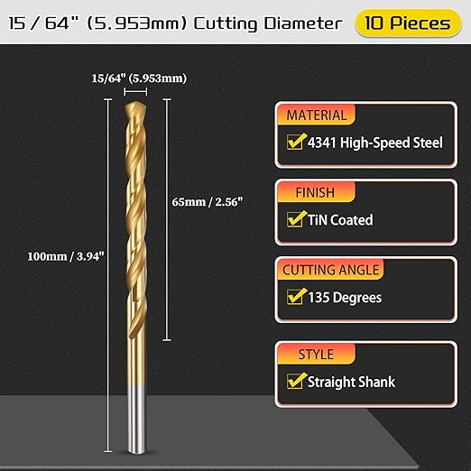 Drill Bit, 15/64" Cutting Diameter, 4341 HSS TiN Coated 135° Cutting Angle Jobber Bits - (Applications: for Drilling Soft Metal Plastic Wood), 10-Pieces