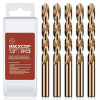 1/2" (5pcs) Cobalt Drill Bit Set, M35 High Speed Steel Jobber Length Drill Bit Kit for Hardened Metal, Stainless Steel, Cast Iron, Wood and Plastic, with Index Storage Case