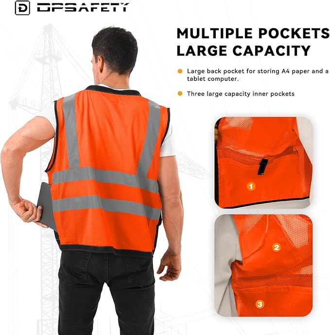 Reflective Safety vest With back plan pocket,High visibility Class 2 Heavy Duty Surveyor Vest with Zipper,Hi Vis Construction Work Vest for Men＆Women ANSI/ISEA(Orange-Bottom,L)