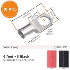 SELTERM 10pcs - 2 Awg - 1/2" Stud - Battery Lugs - Ring Terminal Connectors | with 12pcs 3:1 Black & Red Heat Shrink Tubing with Adhesive | Heavy Duty Battery Cable Ends - Tinned Copper Wire Lugs Kit