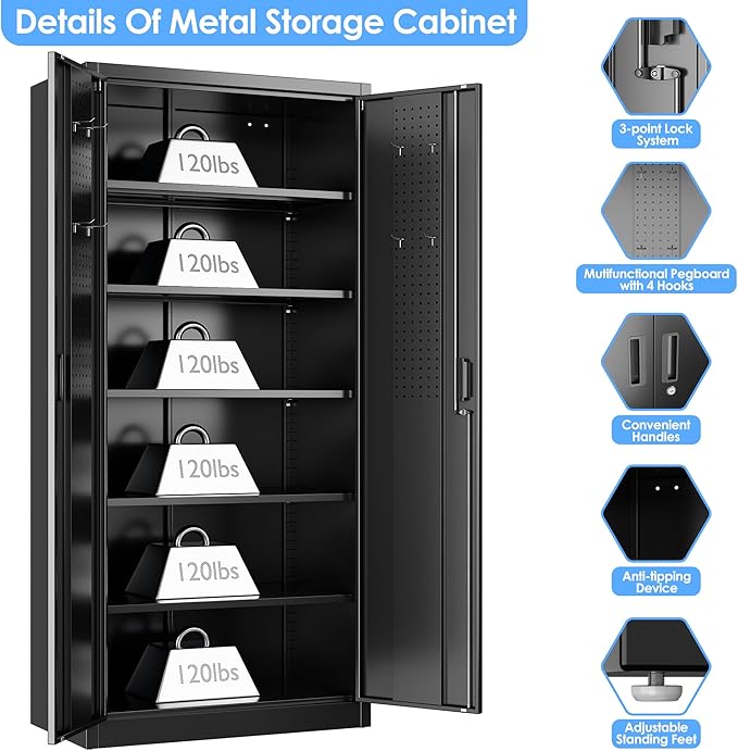 Metal Storage Cabinet with Pegboard 71'' x 34'' x 18'',Lockable Steel Storage Cabinet with 5 Adjustable Shelves and Door for Garage, Office, Kitchen, Assembly Required(Black)