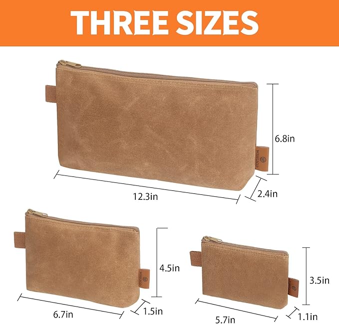 Canvas Zipper Pouch, 3 Pack Small Tool Pouch Organizer, Heavy Duty 16OZ Waxed Canvas Mini Zipper Bag Pouch, 5.7/6.7/12.3 Inch Tool Multipurpose Water Resistant Storage Pouches