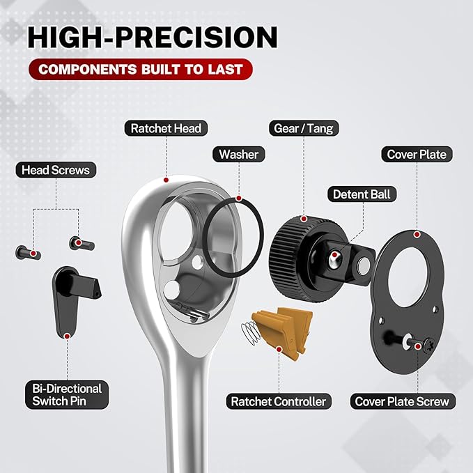 TOMMARS 1/2 inch Drive Ratchet, 72-Tooth Quick-Release Socket Ratchet Wrench Handle Reversible