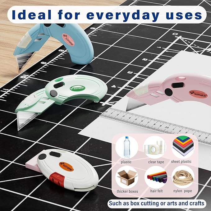 4 Pack Folding Utility Knife with 10 Extra Blades,Box Cutters with Button Lock Mechanism,Navajas Para Trabajo for Home,Office and Warehouse,White.