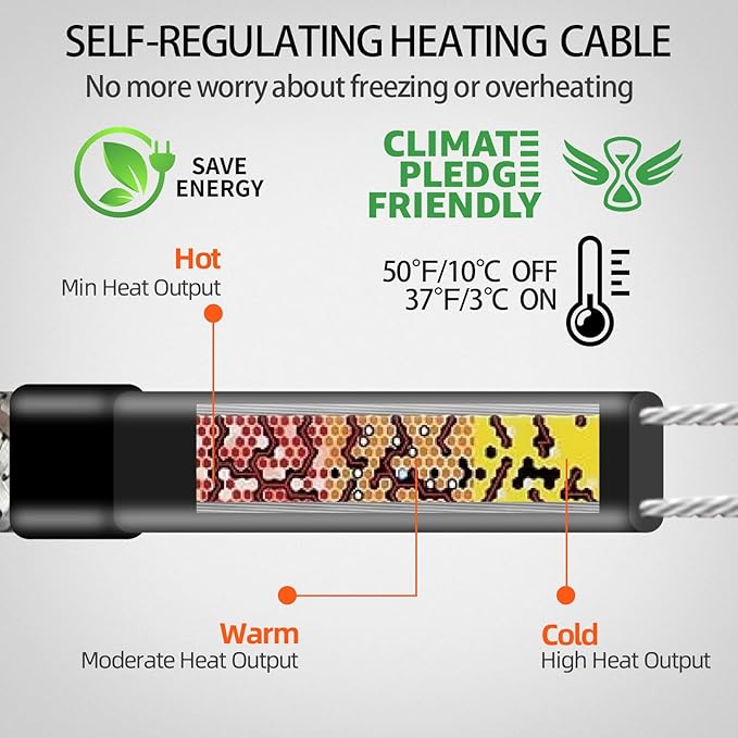 Superior Pipe Heat Cable for Pipe Freeze Protection, Self-Regulating Heat Tape for Pipes of Metal and Plastic, Energy-Saving Water Pipe Heat Cable Keeps Water Flowing at -40°F, 15Ft, 120V