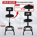 Shop Stool with Backrest, Mechanic Garage Stool for Workshop, Adjustable Stool Chair, Padded Workbench Stool for Men Women, 300 LBS Capacity, 360° Swivel PVC Seat, Heavy Duty, Black