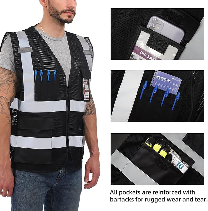Dib Safety Reflective Mesh Vest High Visibility with Pockets and Zipper, Black Mesh M