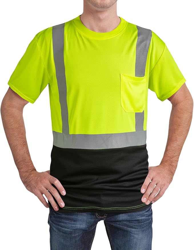 High Visibility Shirts Quick Dry Safety T Shirts with Reflective Strips and Pocket Short Sleeve Mesh Hi Vis Construction Work Class 2 Shirt for Men/Women Black Bottom Lime,6XL