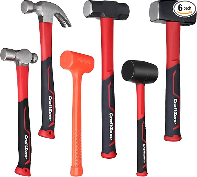 6-Piece Rubber Mallet Hammer Set with 2lb Dead Blow - 3lb Sledge & Stoning - 16oz Ball Pein Claw Hammers | Anti-Vibration Fiberglass Handles for Construction Metalworking Automotive & DIY Projects