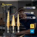 Titanium Step Drill Bit Set - 3PCS High Speed Steel Unibit, 1/4" Shank, Total 28 Sizes 3/16" - 1/2"